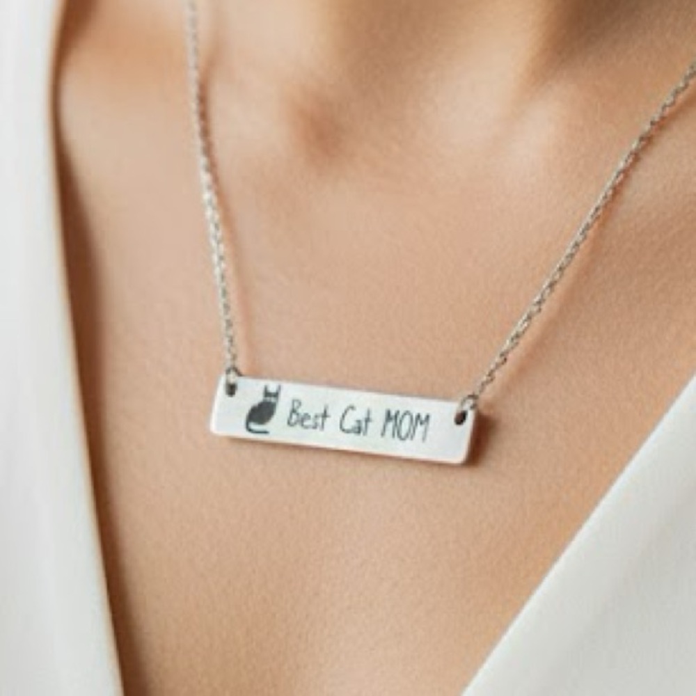 16” Silvertone Stainless Steel Best Cat MOM Black Cat Delicate Chain Necklace